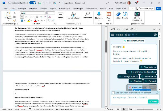 Excel için GPT Word, ChatGPT için bir Eingabefeld ve İstem için Bearbeitungs-Befehlen için bir Seitenleiste'dir. Die Software, İngilizce'nin en iyi lideridir.