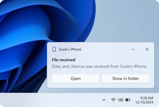 İPhone'unuzdan gönderilen bir dosyayı gösteren Windows bildirimi alındı.