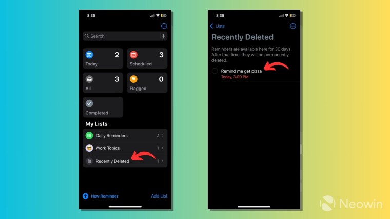 Recently deleted reminders on iOS 18