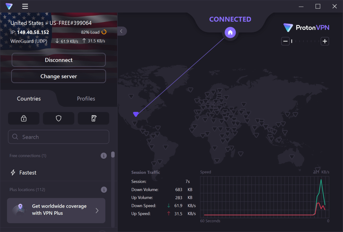 ProtonVPN dashboard connected to a server in the United States screenshot