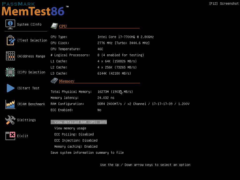 PassMark MemTest86 sistem bilgisi menüsü ekran görüntüsü