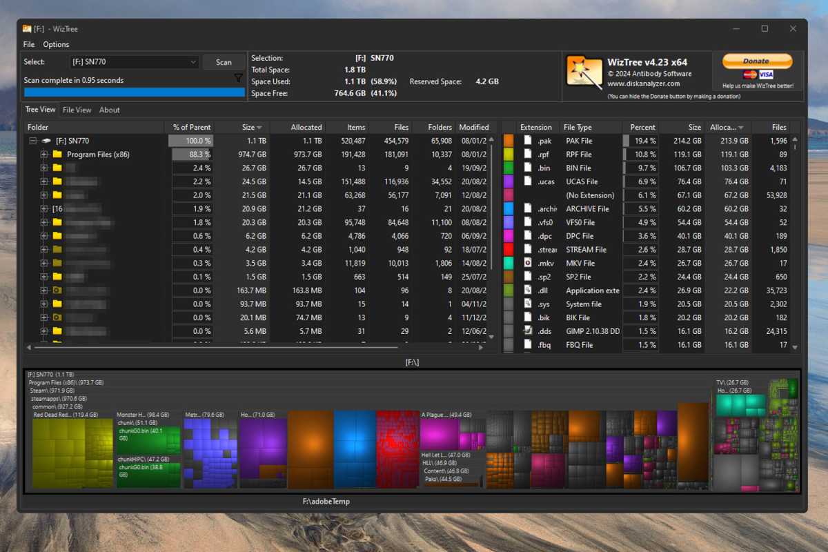 WizTree showing visualization of disk space usage screenshot