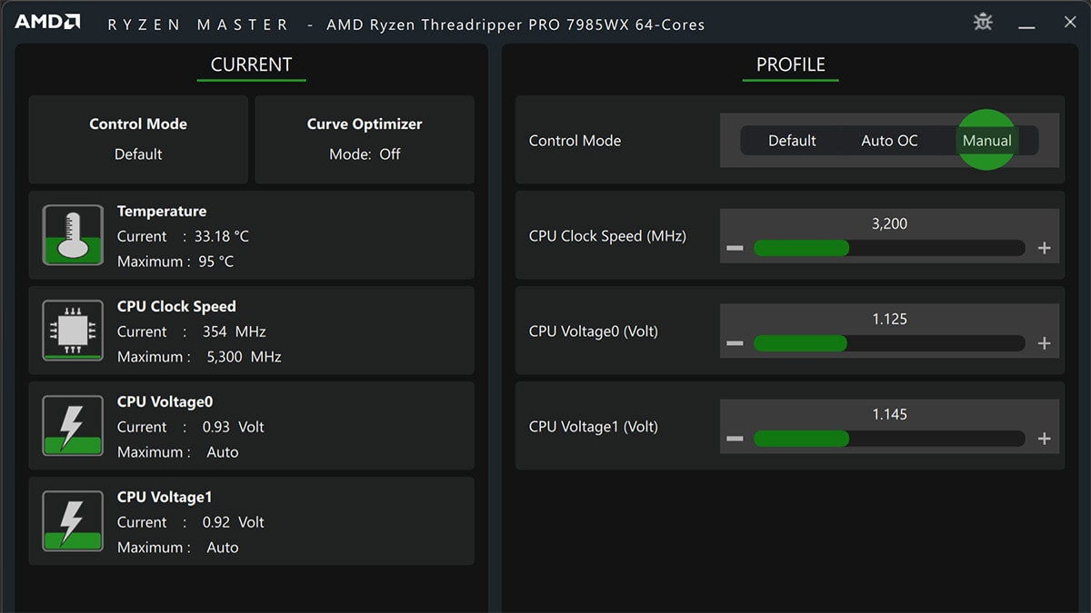 AMD Ryzen Master güncel okumalar ve profil ekran görüntüsü