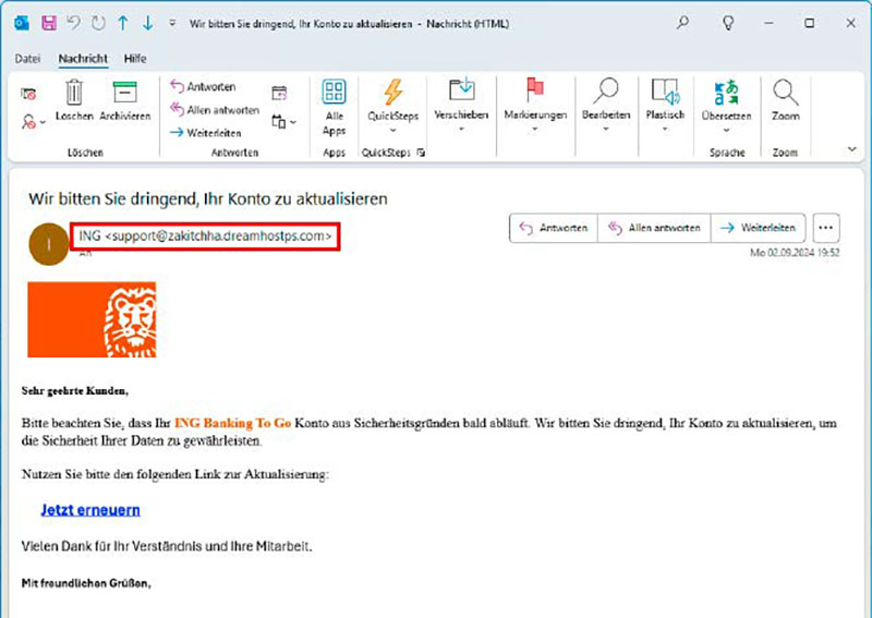 Eine e-posta von der ing banka sollte auch eine adresse mit der Domainendung ing.de tragen und nicht von support@zakitchha.dreamhostps.com stammen. Ein Eindeutiger Hinweis, Dass es Sich um Kimlik Avı Hamdolu.