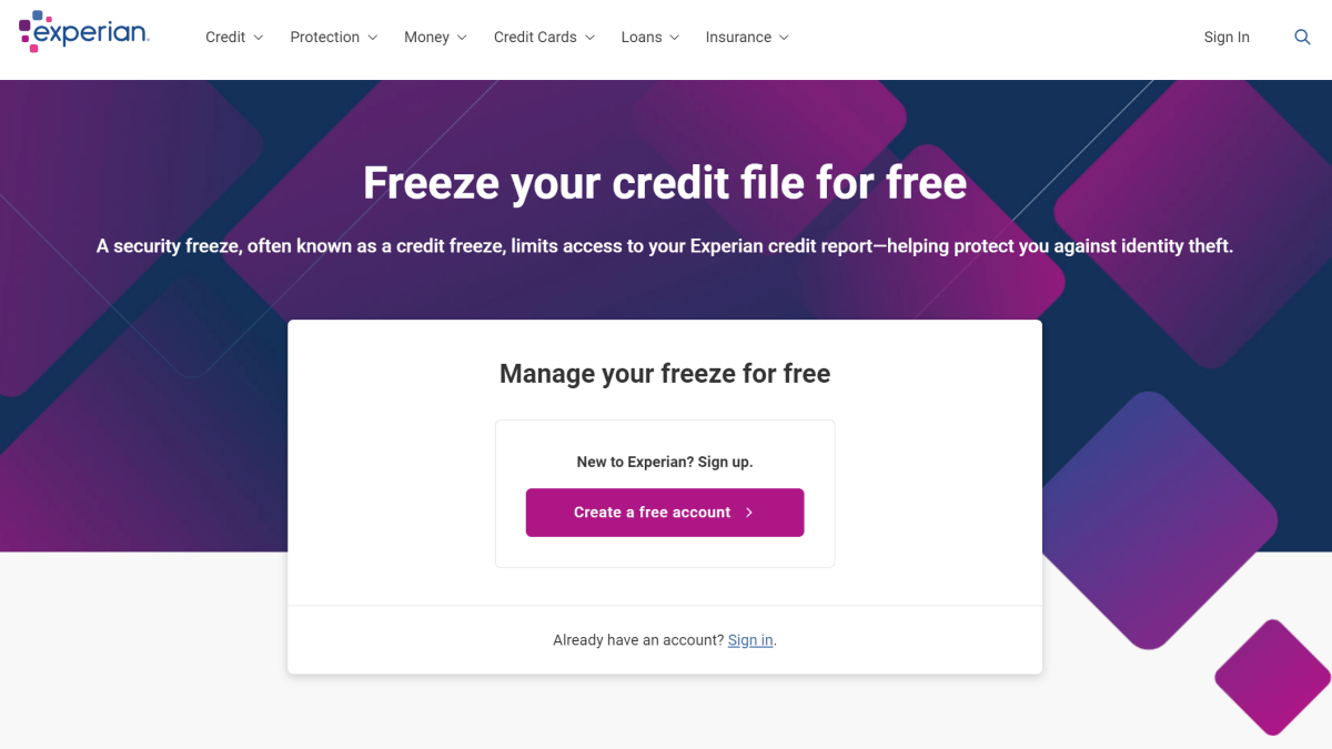 Experian Security Freeze sitesi