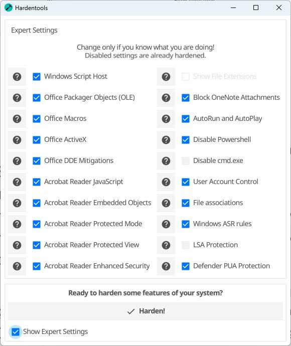 Hardentools, Windows Ayarları ve Seçenekler listesinden en iyi şekilde yararlanarak, Betriebs sistemindeki işlemleri daha kolay hale getirir.